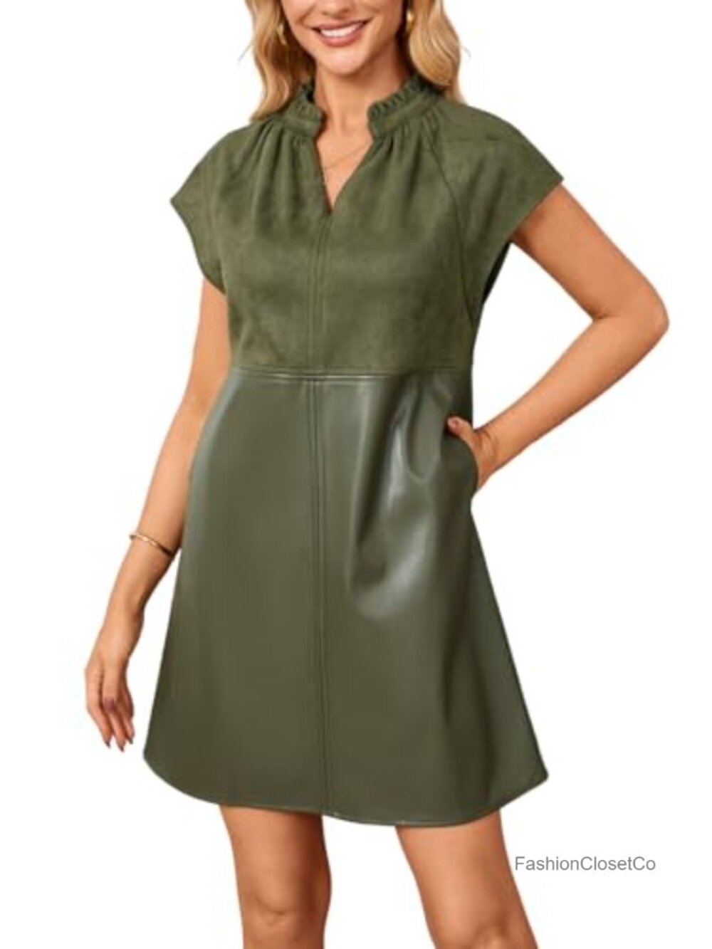 Faux Suede Faux Leather Mini Dress V-Neck Ruffle Cap Sleeve Side Pockets
